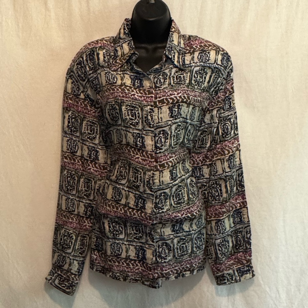 H-191 Oscar de la Renta Vintage‎ 100% Silk Colorful Blouse Size M